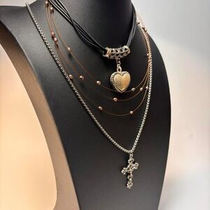 Express Layered Necklace Silver Heart Cross Crucifix Mixed Media Vintage y2k